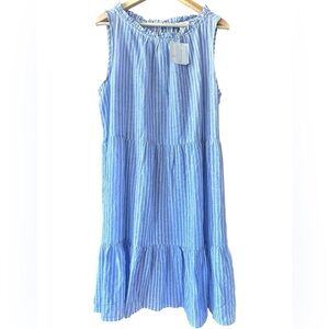 NWT Beach Lunch Lounge Boho Coastal Blue White Striped Sleeveless Tiered Dress